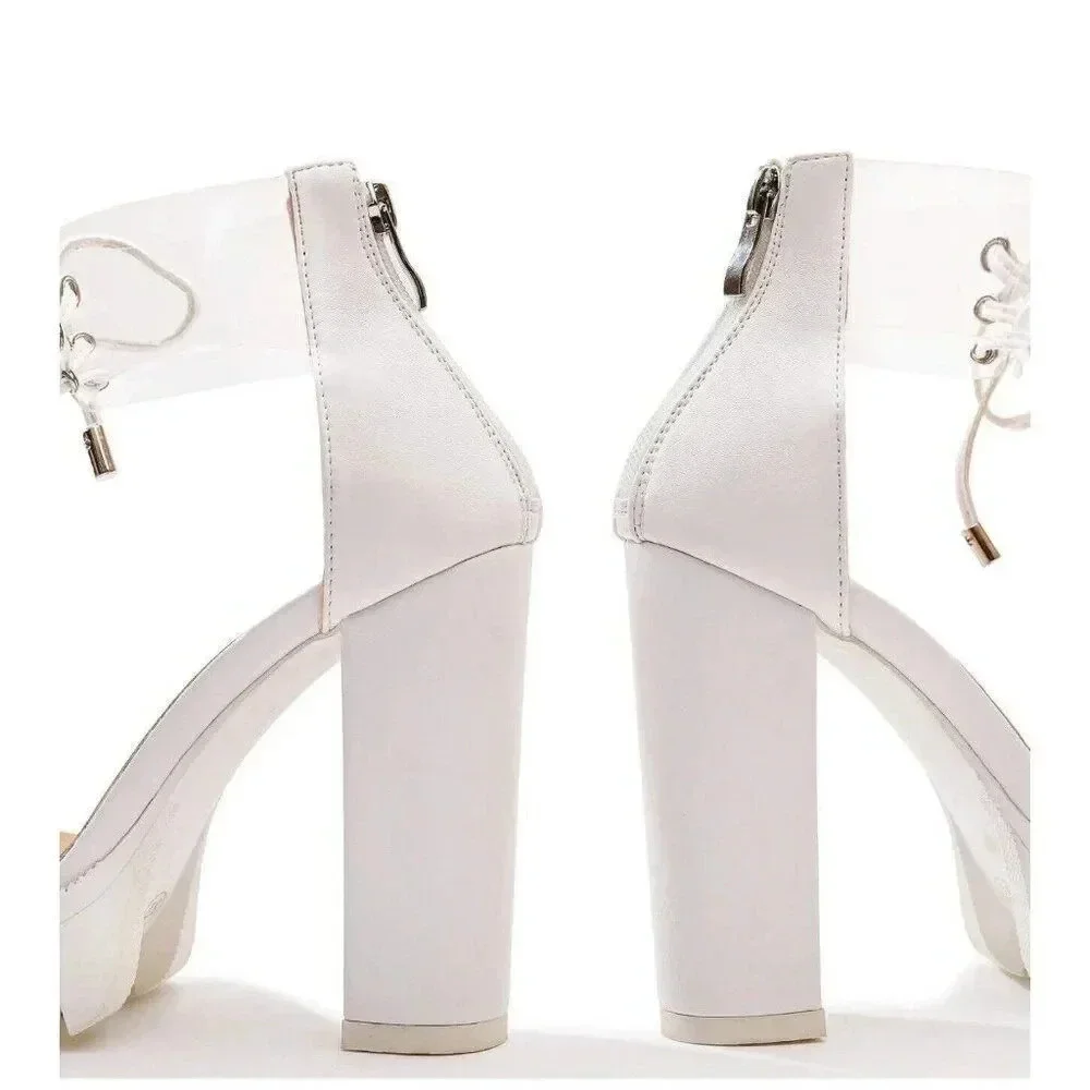OLCHEE Women's Clear Ankle Strap Platform Sandals - Transparent Lace High Heels